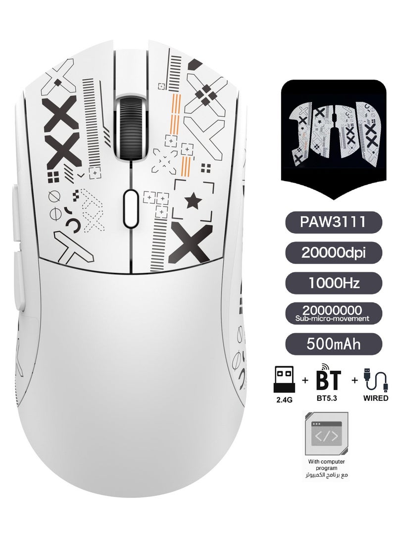 Rock Pow Superlight Wireless Gaming Mouse, PixArt PAW3311 Sensor, 20000DPI/1000Hz Macro Programming Gaming Mice with Grip Tape, BT/2.4Ghz/Wired Tri-mode Anti Slip, Programmable Buttons Wireless Mice/Wirelss Mouse For Gamer/Win/Xbox/PS/Mac/Pc (White) - Image 1